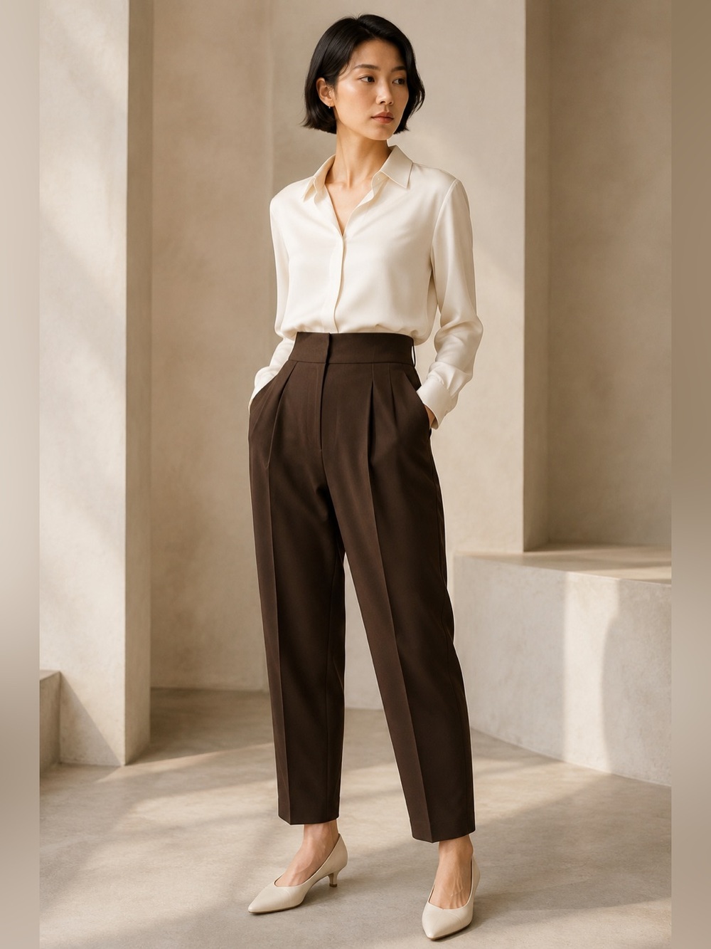 Barneys New York Cream Blouse with Brown High-Waist Trousers - Picture 1 of 10